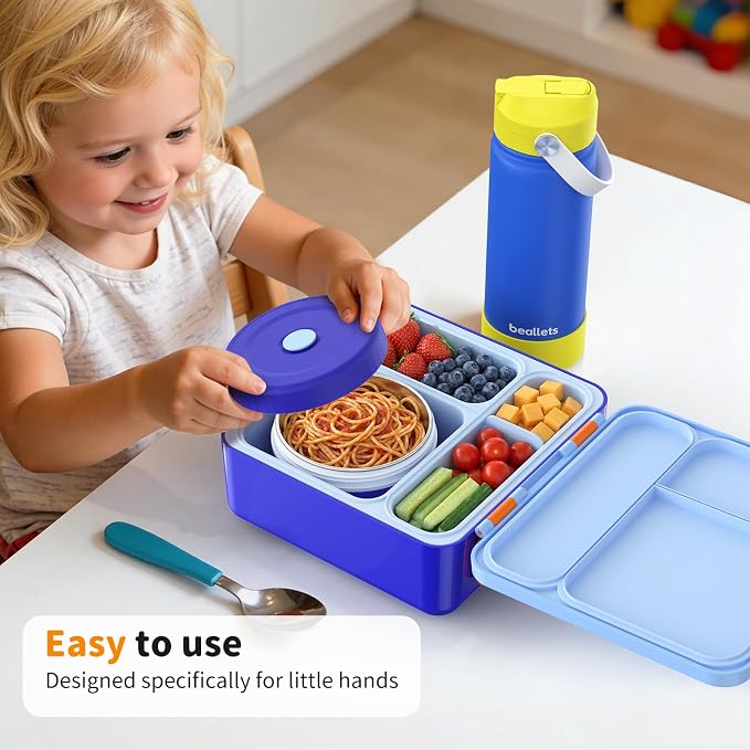 Bento Box for Kids, Lunch Box with Sticker for School | DIY Sticker Fun, Quick Lunch Packing, 4-Compartment Design, Insulated Food Jar, BPA-Free, Leak-Proof