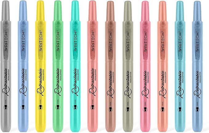 WRITECH Retractable Highlighters Assorted Colors: Chisel Tip Click Aesthetic Highlighter Marker Pens Pack Multi Colored Ink No Bleed Smear for Highlighting Journaling (12ct Mild+Vintage)