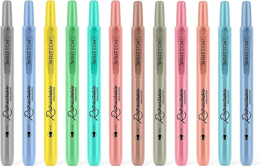 WRITECH Retractable Highlighters Assorted Colors: Chisel Tip Click Aesthetic Highlighter Marker Pens Pack Multi Colored Ink No Bleed Smear for Highlighting Journaling (12ct Mild+Vintage)