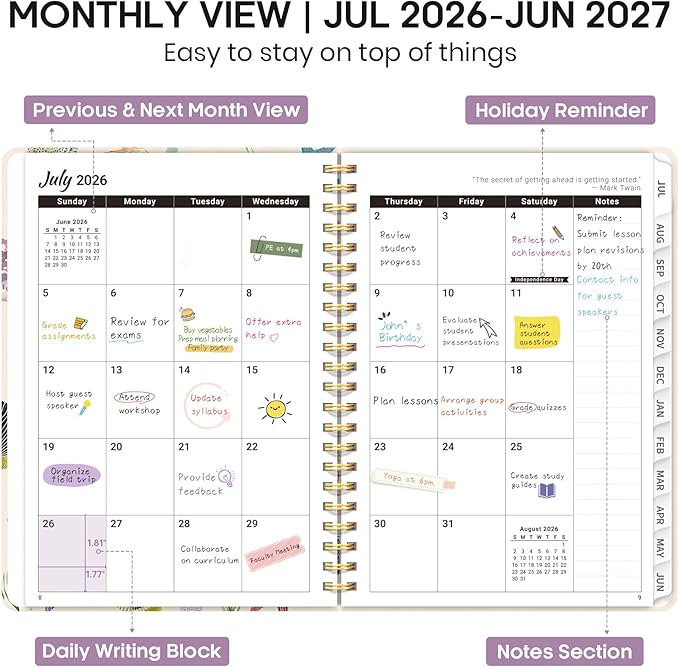 Academic Planner 2026-2027, Weekly and Monthly Calendar Book, July 2026 – June 2027, Hardcover Planner with Tabs, Perfect for Teachers, Students, Women & Men, A4 (8.5" x 11") - Sea Shell