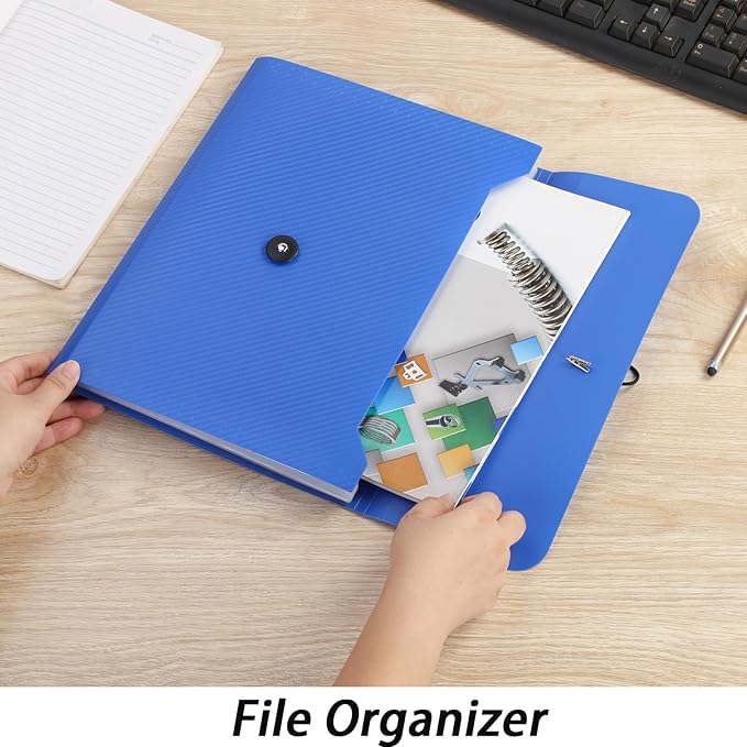 A4 Paper Document Organizer Expanding File Folder with 13 Pockets Accordion File Holder with Tabs for Home School Office, Blue Plastic Material