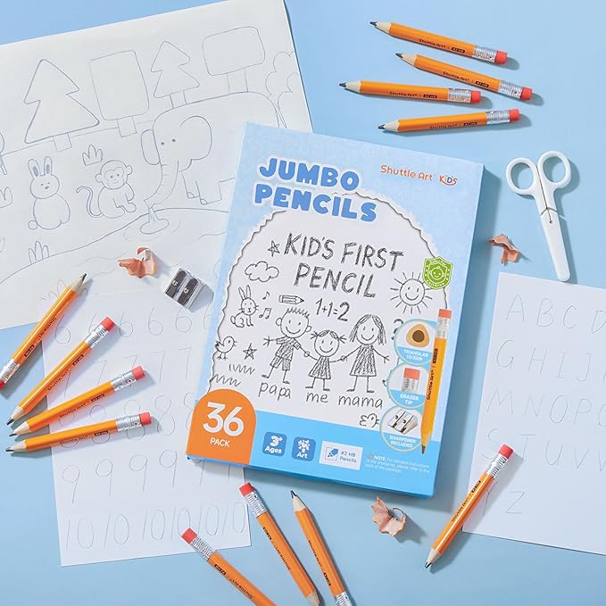 Shuttle Art Jumbo Pencils - 36 Pack Triangle Pre sharpened Pencils #2 HB with Top Erasers & Sharpener, for Kids Ages 4-6, Kindergarten School Supplies, Ideal for Home, Classroom