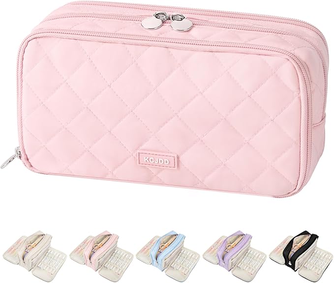 Cute Pencil Case for School, Soft Quilted Pencil Pouch Organizer with 3 Compartments, Large Double Zipper Pencil Bag for Teen Girls, Boys & Women (Pink)