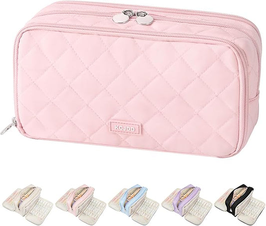 Cute Pencil Case for School, Soft Quilted Pencil Pouch Organizer with 3 Compartments, Large Double Zipper Pencil Bag for Teen Girls, Boys & Women (Pink)