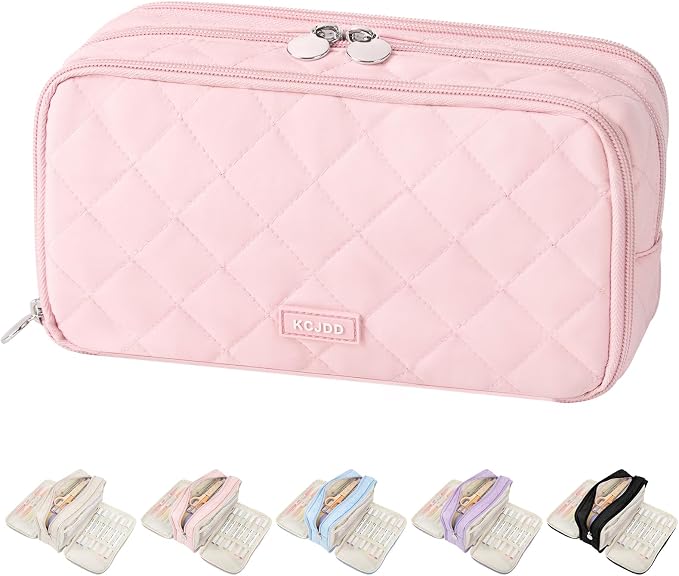 Cute Pencil Case for Girls kids Soft Quilted Pencil Pouch Bag Organizer | With 3 Compartments,Big Capacity Marker Crayon Storage Bag Large Double Zipper Art Bag For Kids School College Boys Women