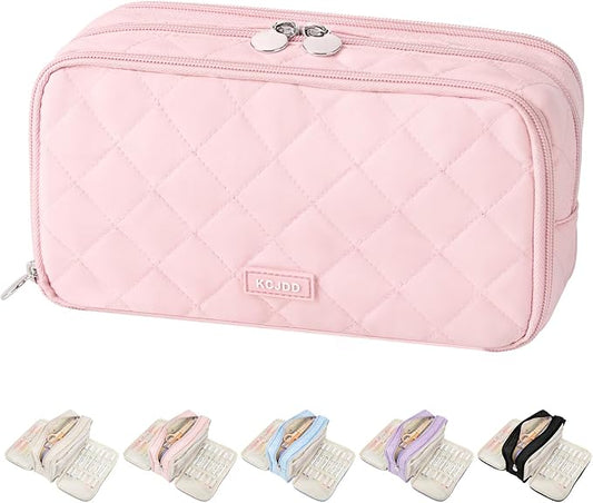 Cute Pencil Case for Girls kids Soft Quilted Pencil Pouch Bag Organizer | With 3 Compartments,Big Capacity Marker Crayon Storage Bag Large Double Zipper Art Bag For Kids School College Boys Women