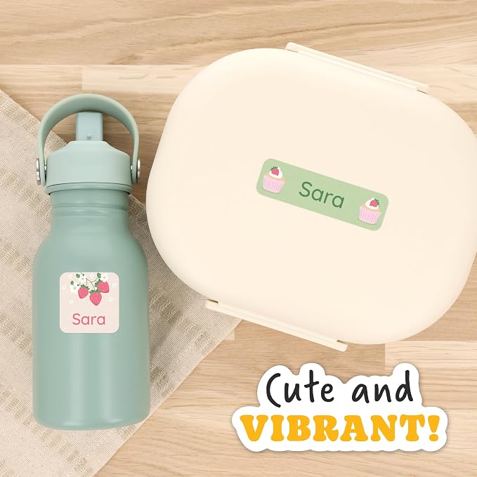 Camp Name Labels for Kids (33) – Custom Waterproof Stickers for Water Bottles, Lunch Boxes, Daycare & School with Unique Designs - Strawberry