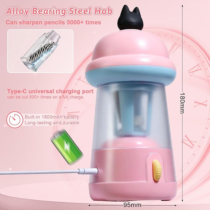 Rechargeable Electric Pencil Sharpener, 6-12mm Auto in & Out Fully Automatic Pencil Sharpener for Kids, Large Capacity Battery Powered, with Cartoon Stickers Ideal for Classroom & Home (Pink)