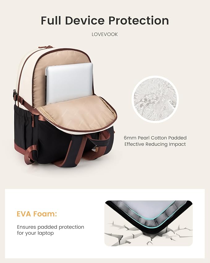 LOVEVOOK Laptop Backpack for Women with Giant Tumbler Holder,15.6 Inch Laptop Computer Bag Travel Backpack Purse,Waterproof Work Business Backpack College Bookbag Teacher Bags,Beige-Buttercream-Brown