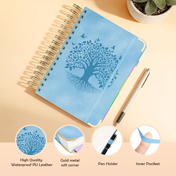 QIYVLOS Hardcover Spiral Notebook, A5 Journal with Removable Dividers Tabs, 5 Subject Notebook College Ruled, 320 Pages 6"x8" Leather Notebooks for Work School Study, Lined Journal for Women, Blue