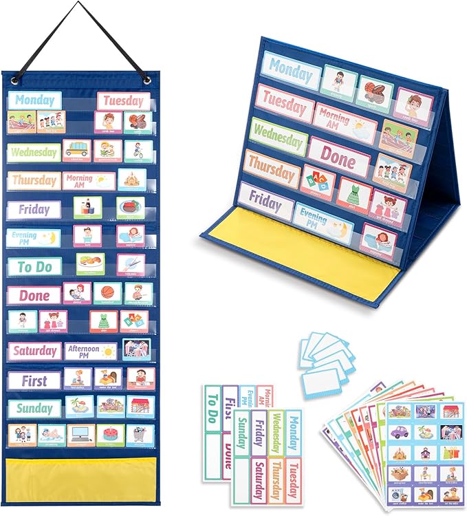 Visual Schedule Pocket Chart with 146 Cards for Classroom Kids, 2 in 1 Autism Daily Morning Routine Chore Chart Board Responsibility Planner Behavior Communication Cards Learning Material