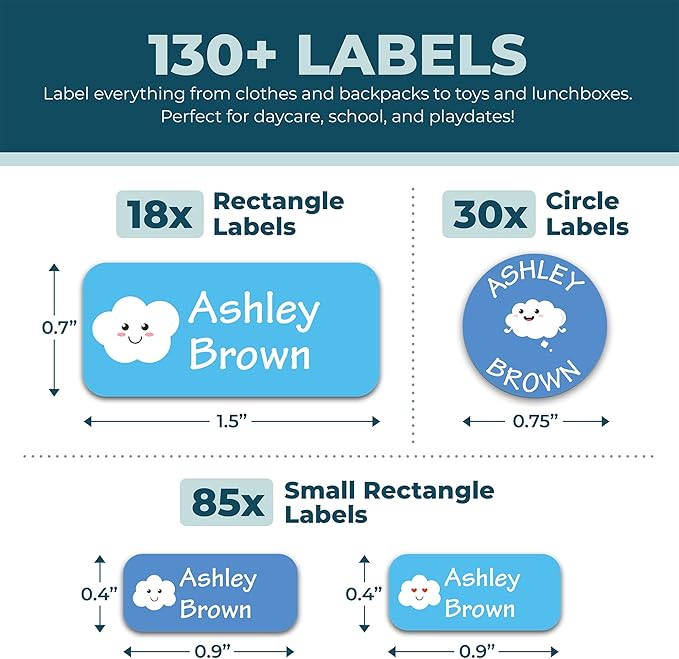 Bunny Badges Personalized Daycare Name Labels for Kids (130 Labels) - Custom Waterproof Name Stickers for Clothing Tags, Water Bottles, Lunch Boxes and School Supplies (Clouds)
