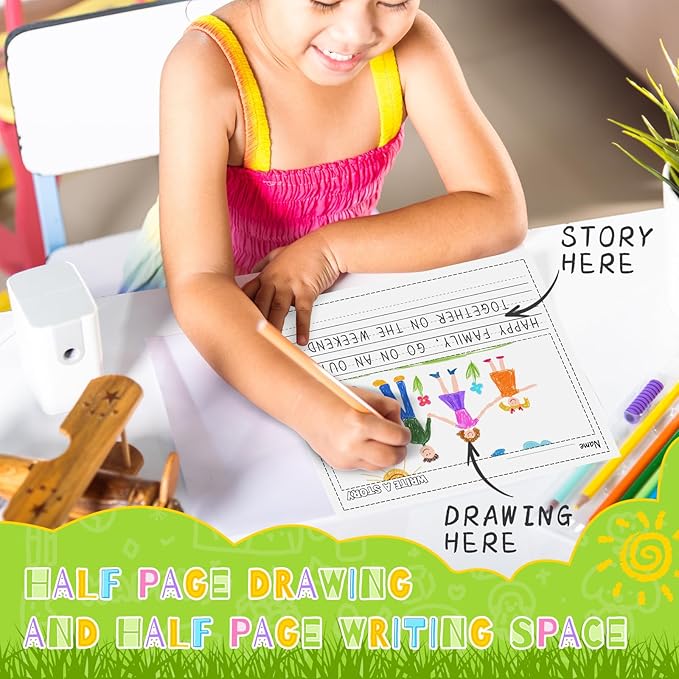Eaasty 100 Sheets Story Writing Paper Bulk Handwriting Practice Paper for Kids Diary with Picture Story Space and Dotted Lines 11x8.5" Primary Composition Notebooks for Kindergarten Toddlers