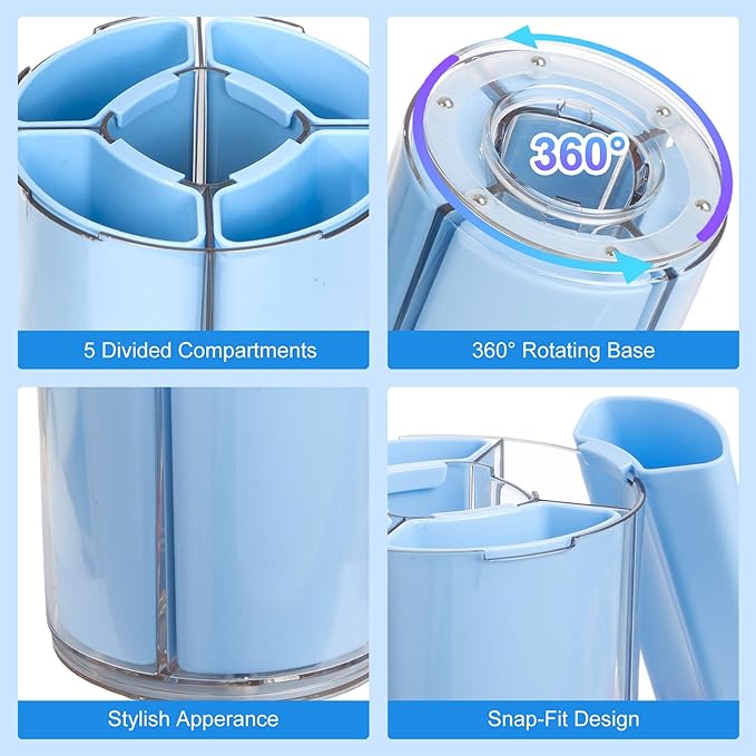 Comix 360° Rotating Pen Holder for Desk, Cute Pencil Holder Pen Organizer, Blue Acrylic Pencil Cup Caddy with 5 Slots for Home School Office Supplies