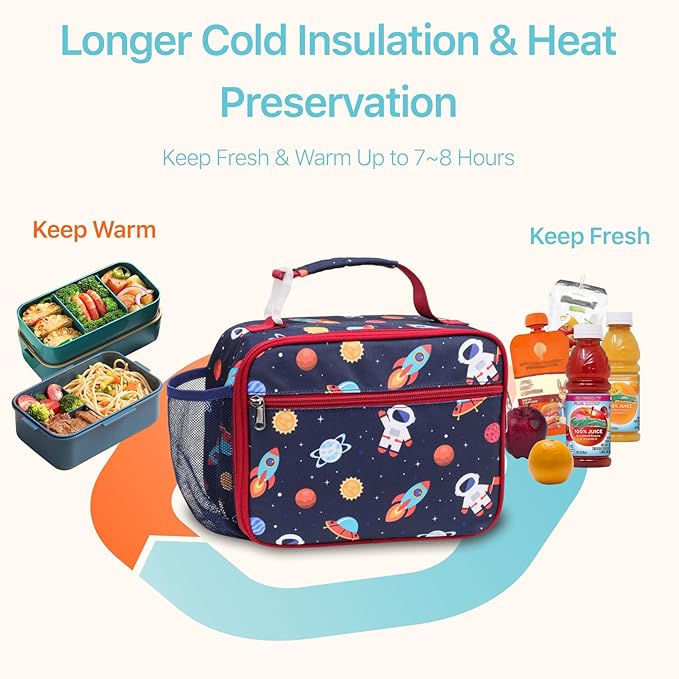 Bagseri Kids Lunch Bag Boys - Thermal Insulated Lunch Box Tote with Water Bottle Holder, Reusable Leak-Proof Kids Lunch Box for Daycare & School, Space Astronaut (Containers Not Included)