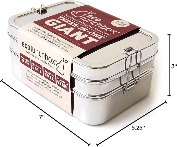 ECOlunchbox Three-in-One GIGANTIC Bento Box (49oz) – 3 Piece Jumbo Stainless Steel Lunch Container – Plastic Free, Non Toxic, Nestable, Dishwasher-Safe for Big Appetites, Not Leak-Proof