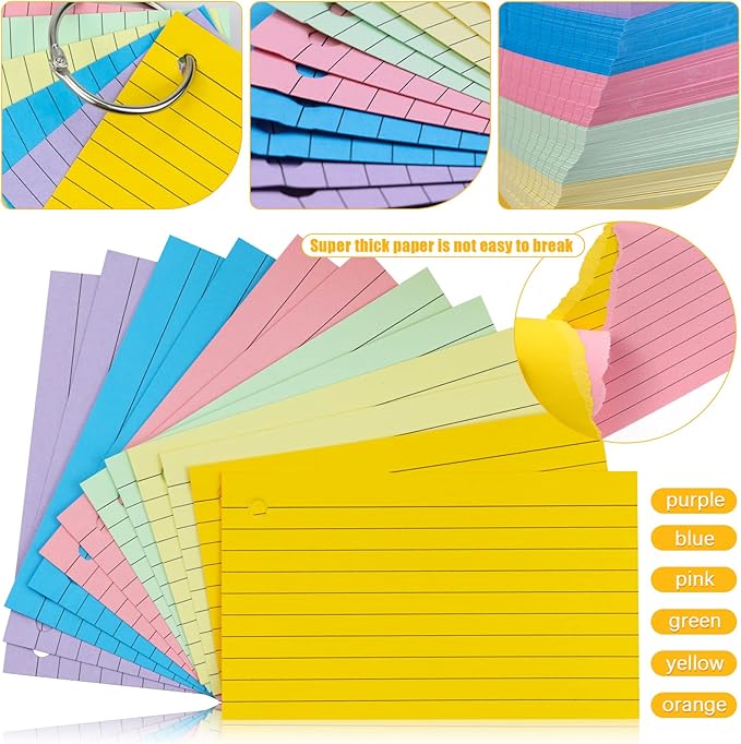 Tecmisse 600 Pieces Index Cards Rulded, Colorful Flash Cards 3 x 5 Index Card with Rings, Heavy Study Cards, Note Cards Punched for School Learning, Office and Home Uses (6-Color Thickened)
