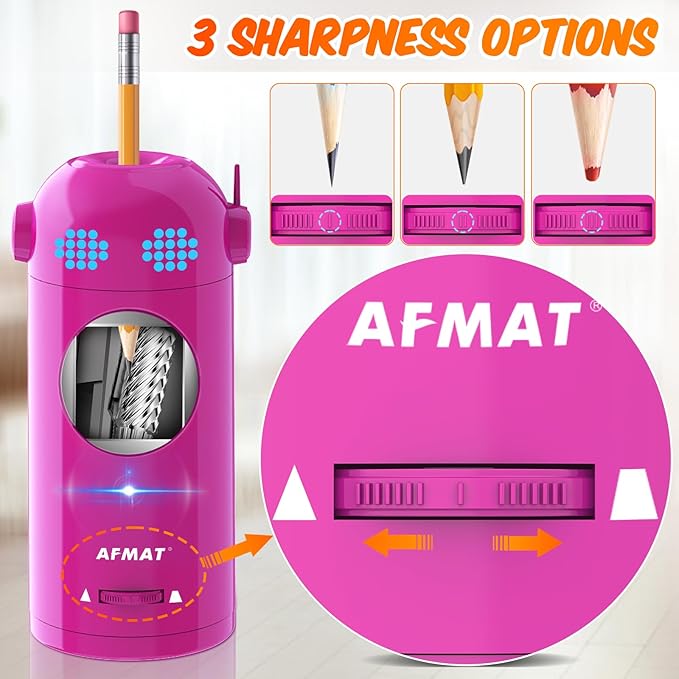 AFMAT Electric Pencil Sharpener, Fully Automatic Colored Pencil Sharpener for 7-11.5mm Pencils, Auto in & Out, Robot Pencil Sharpeners for Kids, Rechargeable Hands-Free with Dotted Eyes, PSX5ET, Pink