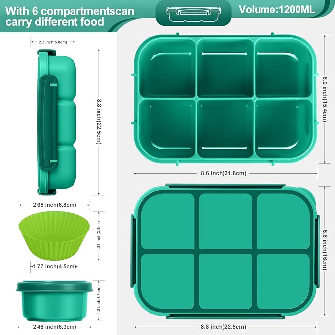 Amathley Lunch Box Kids Girls Boys,Bento Box Adult,Toddler Lunch Containers for School,Leakproof Snack Containers with 6 Compartments,Sauce Container,10 Food Picks and 4 Muffin Cups (Green)