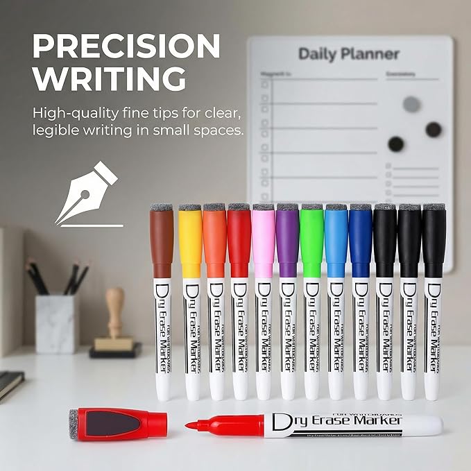 Volcanics Magnetic Dry Erase Markers With Eraser Fine Tip Low Odor Thin Whiteboard Markers for Small White Board Markers Dry Erase Pack of 24,10 Colors