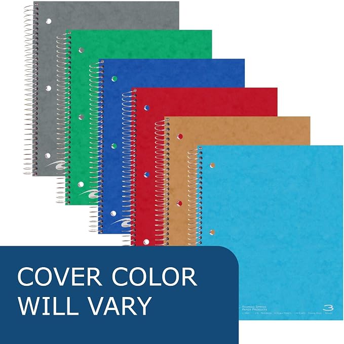 ROARING SPRING 3 Subject Spiral Notebook, 11" x 9", College Ruled, 120 Perforated Sheets, Assorted Eco Press Covers, 3 Double Storage Pockets, Made in USA