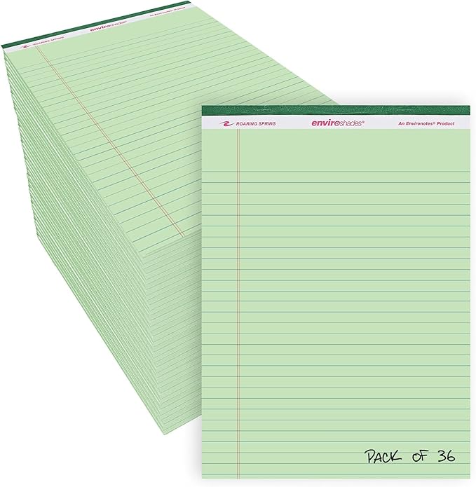 Roaring Spring Enviroshades Green Legal Pads, 36 Pack, Legal Ruled Recycled Colored Writing Note Pads, 8.5" x 11", 50 Sheets, Perforated Paper, Made in USA, Memo Pad For School & Office