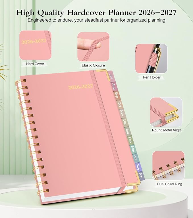 Academic Planner 2026-2027, Hardcover Weekly and Monthly Calendar Planner from July 2026 - June 2027, Daily Agenda Planners with Tabs, College School Organizer for Student Teacher, A4 (8.5" x 11"), Pink