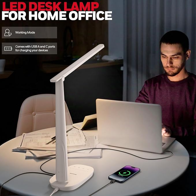Honeywell LED Desk Lamp for Home Office, Eye-Caring Dimmable Reading Light with 4 Color Modes, Touch Control, USB-A & USB-C Charging Ports, Adjustable Head, Timer for Bedroom & Small Desks