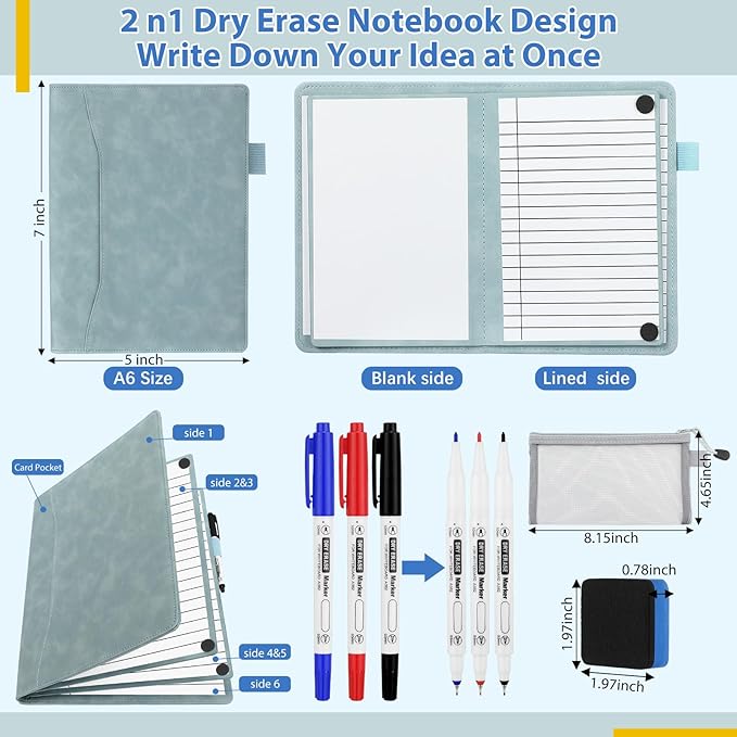 Feifeiya 6 Sides Dry Erase Notebook Portable Whiteboards Notebook Small Reusable College Ruled Lined Board Folding Mini Travel Dry Erase White Board for Office Study(Haze Blue,A6: 5 x 7 Inches)