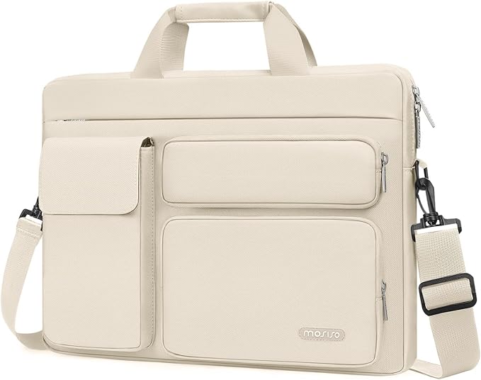 MOSISO Laptop Shoulder Bag 15.6 inch, 15-15.6 inch Computer Bag Compatible with MacBook Pro 16 inch, HP, Dell, Lenovo, Notebook with 2 Raised&1 Flapover&1 Horizontal Pocket&Handle&Belt, Sand