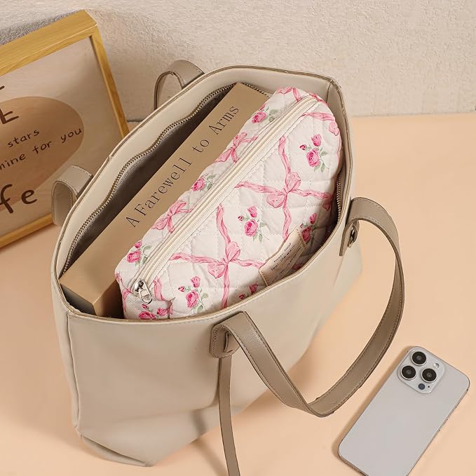 uekeboag Large Travel Quilted Makeup Bag for Women | Soft Floral Cotton Cosmetic Bag, Foldable Coquette Aesthetic Toiletry Organizer