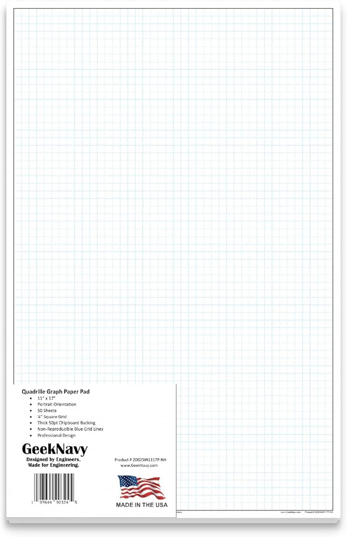 GeekNavy 11" x 17" Quadrille Graph Paper 50 Sheets Portrait - 0.25" 4x4 Square Grid, Blueprint, High Brightness, Border-Outlined, Large Drafting (1-Pack)