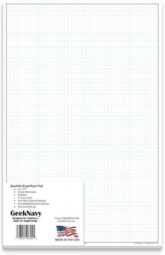 GeekNavy 11" x 17" Quadrille Graph Paper 50 Sheets Portrait - 0.25" 4x4 Square Grid, Blueprint, High Brightness, Border-Outlined, Large Drafting (1-Pack)
