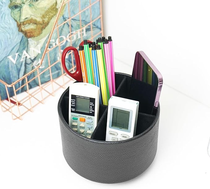 Round Leather Art Supply Organizer,Remote Control Holder,360 Degree Spinning,Multi-Functional Pencil Holder,4 Compartments Desktop Stationary Organizer(1-Lichee Black)