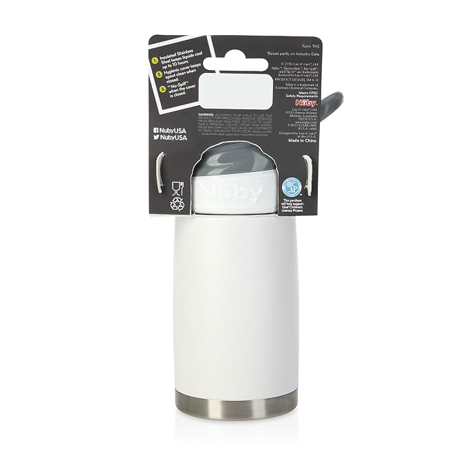 Nuby Thirsty Kids No Spill Flip-It Reflex Stainless Steel Travel Cup or Water Bottle - 10 Oz - 18+ Months - White - Back to School Essentials