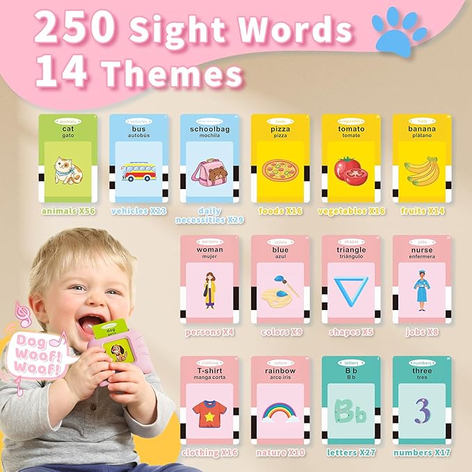 Aullsaty Toddler Toys Bilingual English and Spanish Talking Flash Cards for 1 2 3 4 5 6 Year Old Boys and Girls, Autism Sensory Toys for Autistic Children, Learning Educational Speech 250 Sight Words
