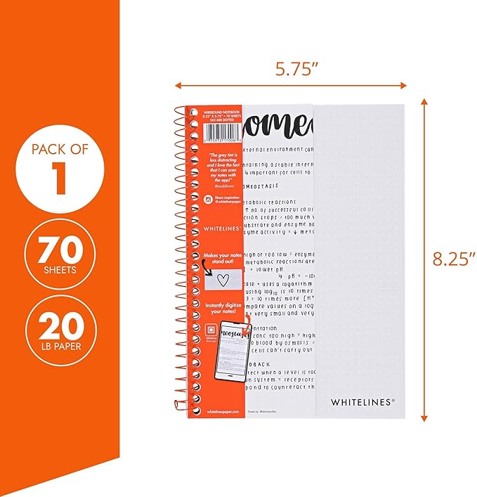 ROARING SPRING Whitelines Spiral Bound Journal, Dot Ruled, 70 Sheets, 8.25" x 5.75", FREE App to Digitally Download Your Notes