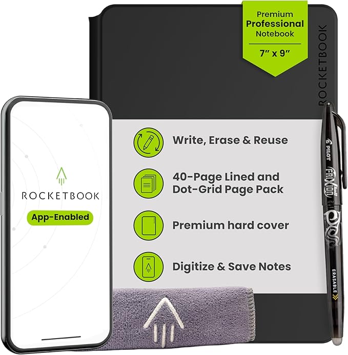Rocketbook Pro Smart Reusable Notebook, Lined & Dotted Interchangeable Pages, For Work and Business Meetings, Executive 7x9, Black