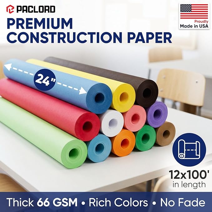 Multi-Color Construction Paper Set 24" x 100 ft – 12 Colors, Made in USA – Bulletin Board Paper for Classrooms, School & Arts Crafts