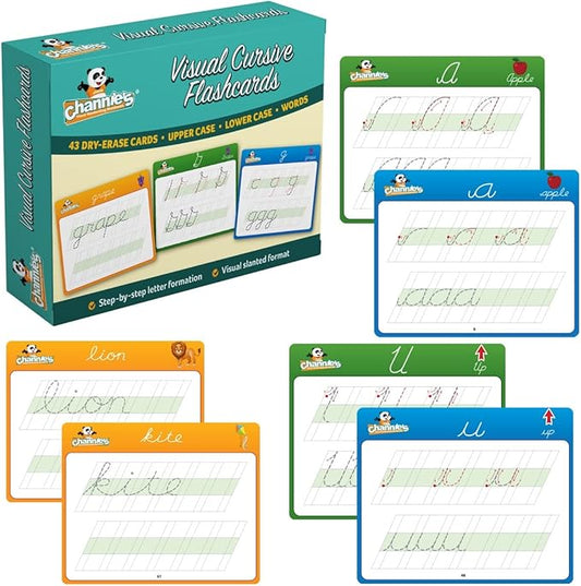 Channie’s Visual Cursive Flashcards, 43 Dry-Erase Cursive Handwriting Flash Cards, Daily Uppercase & Lowercase Cursive Letter Tracing Practice for 2nd-3rd Grade Kids