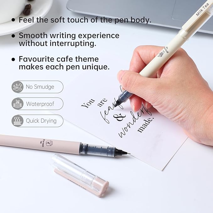 Aesthetic Cute Stick Rollerball Pens, Colored Ink Gel Pen, Quick Dry Colored Liquid Ink Pens, 0.5mm Fine Point Coffee Pens Soft Touch Smooth Writing for Journaling School Supplies (8 Pack)