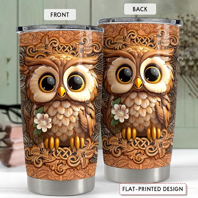 SANDJEST Owl Tumbler 20oz Owls Gifts for Women Girl Owl Wood Drawing Stainless Steel Insulated Tumblers Coffee Travel Mug Cup Gift for Birthday Christmas