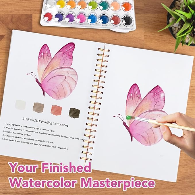 Easy Watercolor Workbook for Beginners - 12 Beautiful Step-by-Step Paintings Water Coloring Book, Includes 16 Colors Paints, Relaxing Art Projects and Creative Gift for Adults & Teen (Butterflies)
