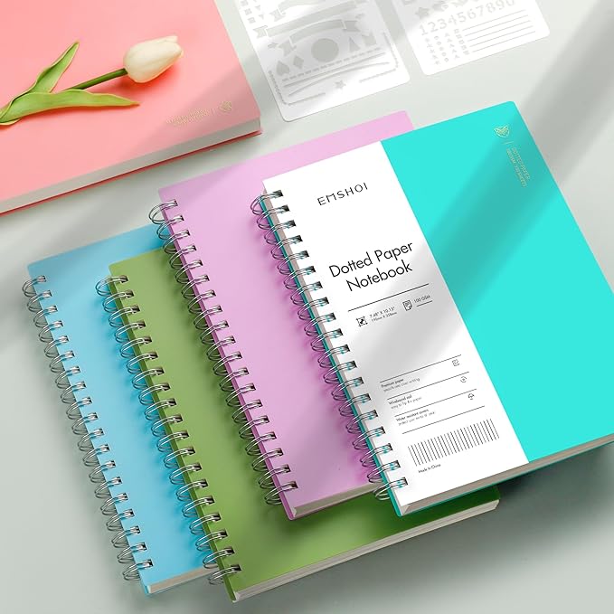 EMSHOI Dotted Journal Spiral Notebook, 300 Pages, B5 Large 7.48"x10.15", 100 GSM Thick Paper, Flexible Plastic Cover, 5mm Dot Grid Notebook for Journaling, Planning, Drawing, Writing, Pink