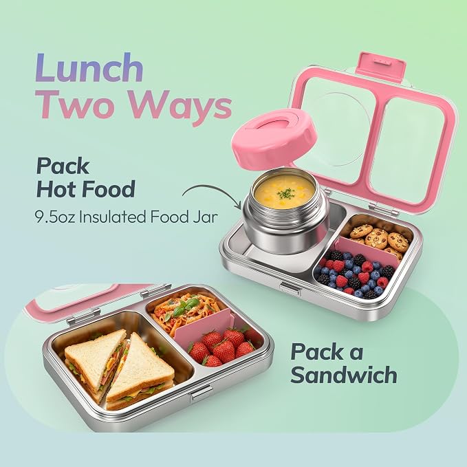 HOMEKOL Stainless Steel Bento Lunch Box + 9.5oz Insulated Food Jar, Pink | 2-Compartment Leak-Proof Container for Kids & Adults, BPA/BPS-Free, 18/8 Metal, Dishwasher Safe, Clear Tritan Lid