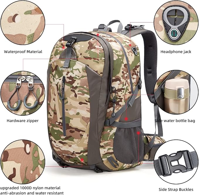 SPEEDPARK 40L Hiking Backpack, Lightweight Camping Daypack with Rain Cover | Water-Resistant Rip-Stop Nylon, Multi-Pockets, Survival Whistle. Ideal For Men, Women, Travel, Trekking