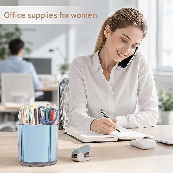 360° Rotating Pen Holder for Desk Adjustable Pencil Organizer, Blue | Plastic Pen Cup for Women Cute Office Supplies and Accessories Desktop Storage Box Art Caddy for School, Work, Home