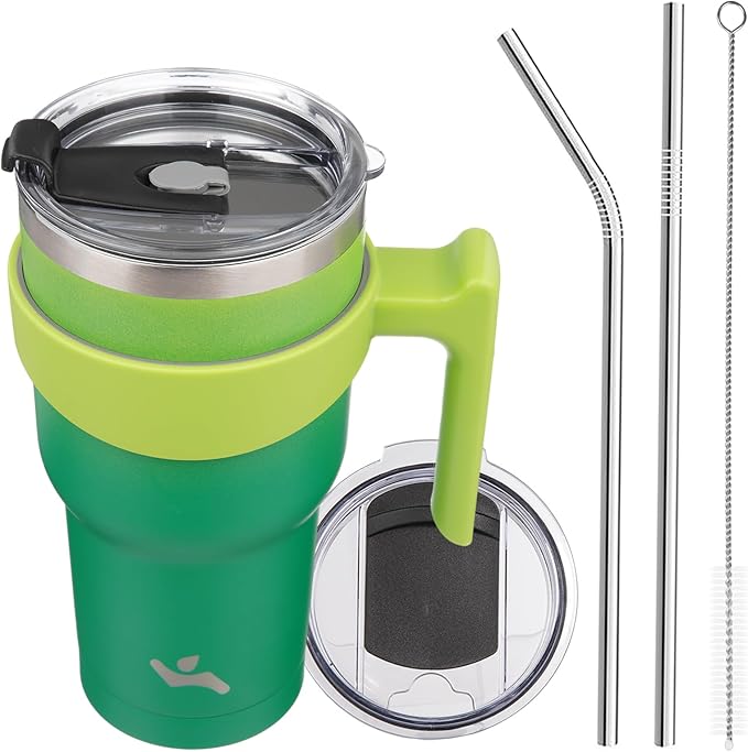Konokyo 30 oz Tumbler with Handle and 2 Straw 2 Lid, Insulated Water Bottle Stainless Steel Vacuum Cup Reusable Travel Mug,Matcha Green