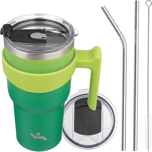 Konokyo 30 oz Tumbler with Handle and 2 Straw 2 Lid, Insulated Water Bottle Stainless Steel Vacuum Cup Reusable Travel Mug,Matcha Green