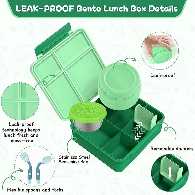 Aimsnk Kids Bento Lunch Box with 8oz Soup Thermo, Kids Leakproof Lunch Food Containers with 4 Compartment,Insulated Hot Food Jar with Lunch Bag for School, Travel (Green)